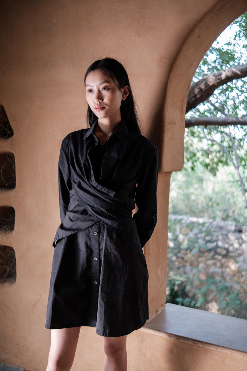 Seattle Wrap Shirt Dress-Black cotton by The Terra Tribe in black color for women Worldwide