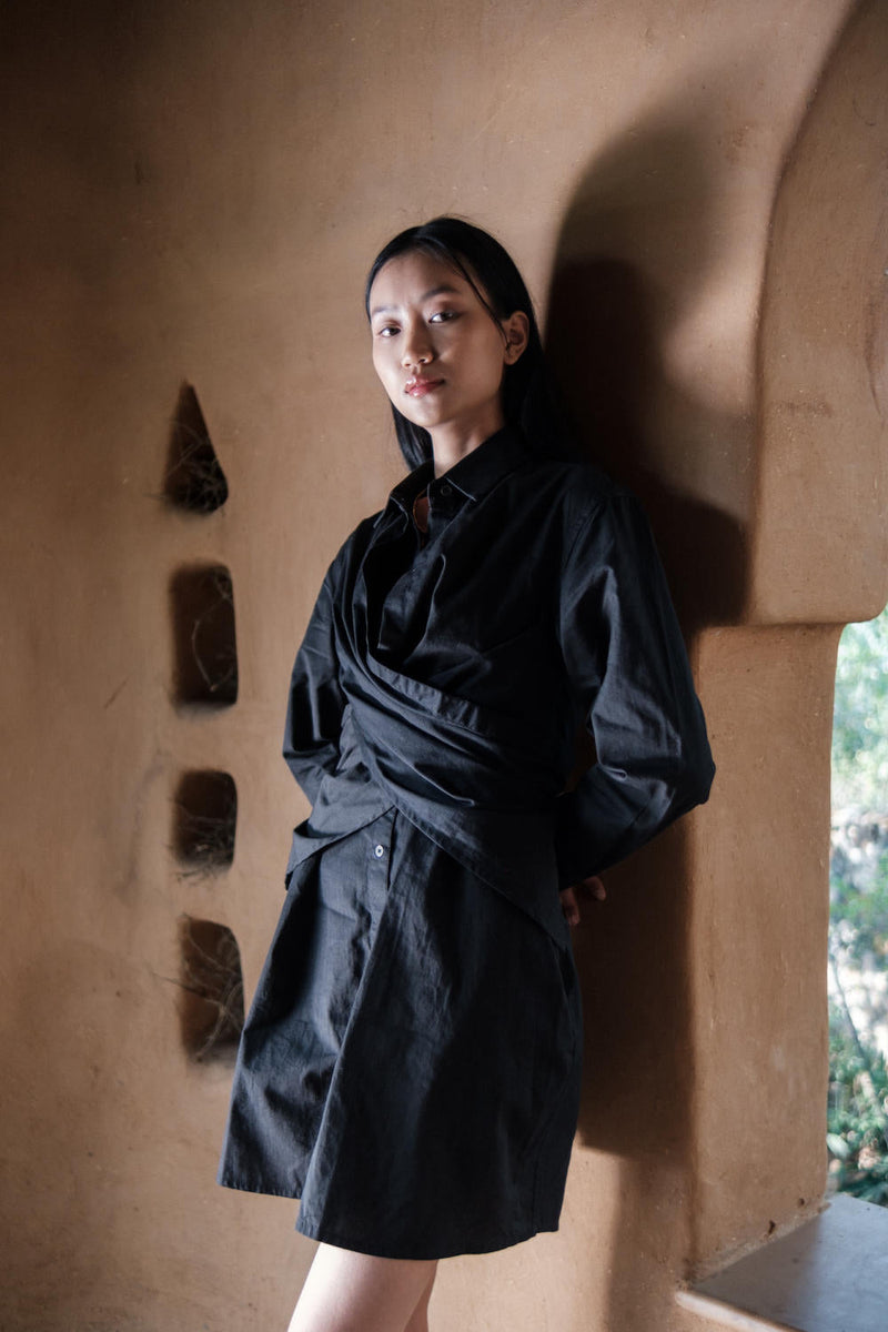 Seattle Wrap Shirt Dress-Black cotton by The Terra Tribe in black color for women Worldwide