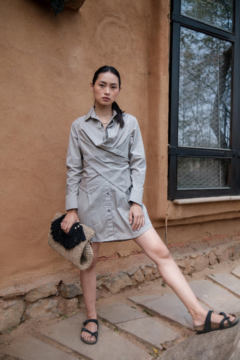 Seattle Wrap Shirt Dress-Grey cotton by The Terra Tribe in grey color for women Worldwide