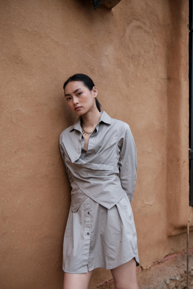 Seattle Wrap Shirt Dress-Grey cotton by The Terra Tribe in grey color for women Worldwide