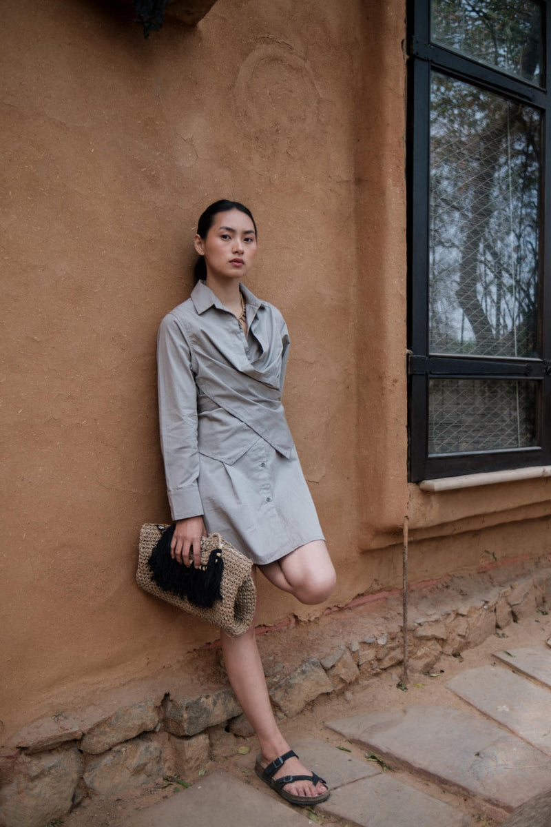 Seattle Wrap Shirt Dress-Grey cotton by The Terra Tribe in grey color for women Worldwide