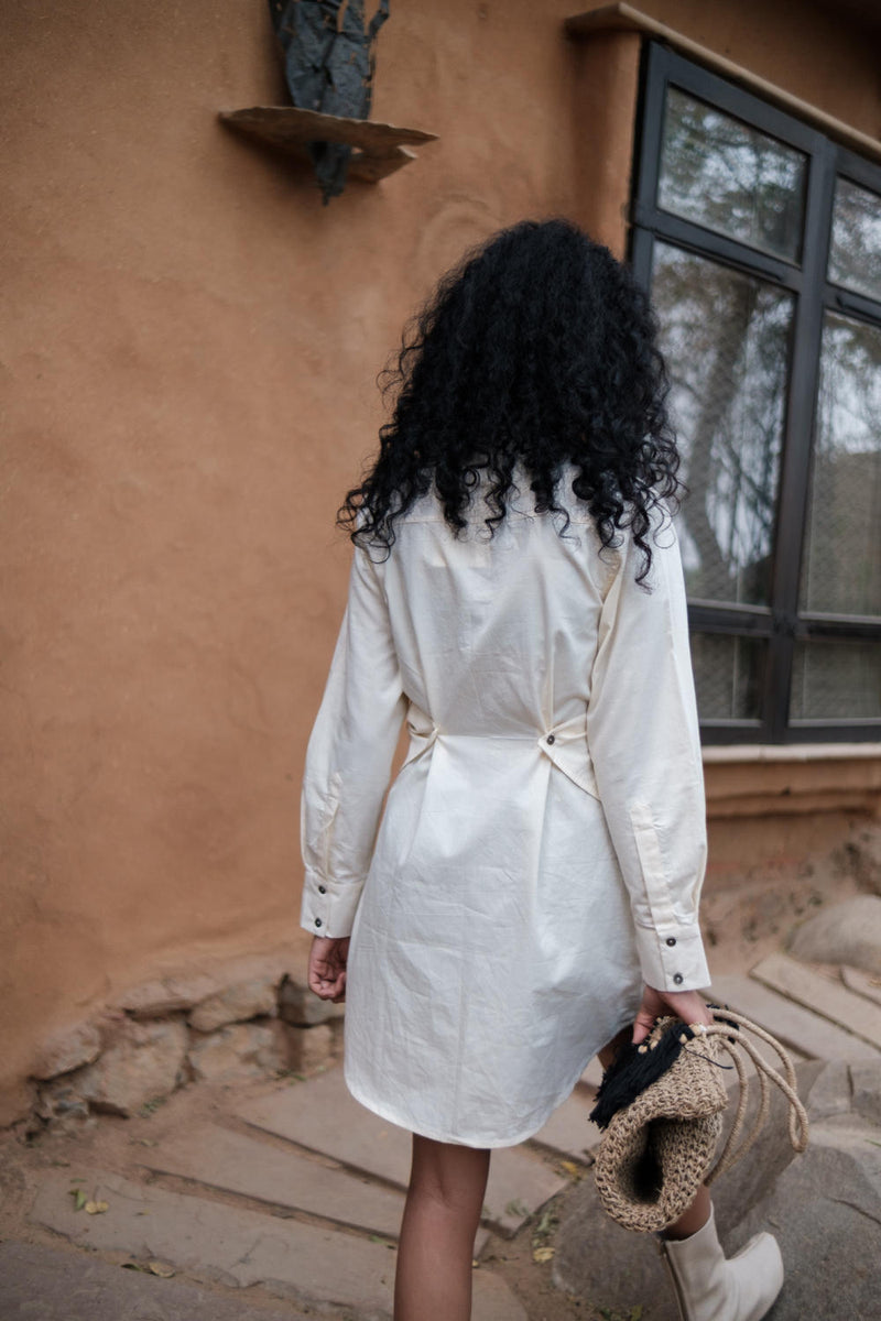 Seattle Wrap Shirt Dress-Ecru cotton by The Terra Tribe in ecru color for women Worldwide