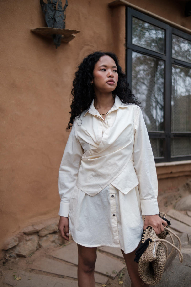 Seattle Wrap Shirt Dress-Ecru cotton by The Terra Tribe in ecru color for women Worldwide