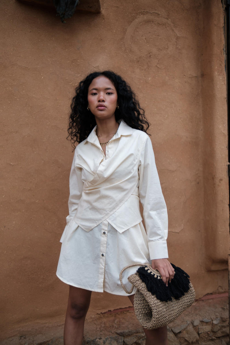 Seattle Wrap Shirt Dress-Ecru cotton by The Terra Tribe in ecru color for women Worldwide