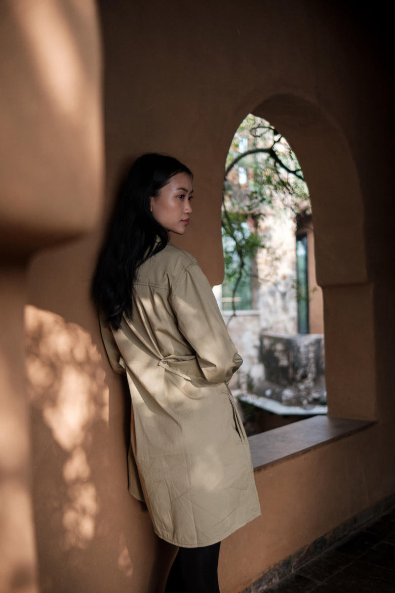 Seattle Wrap Shirt Dress-Khaki cotton by The Terra Tribe for women Worldwide