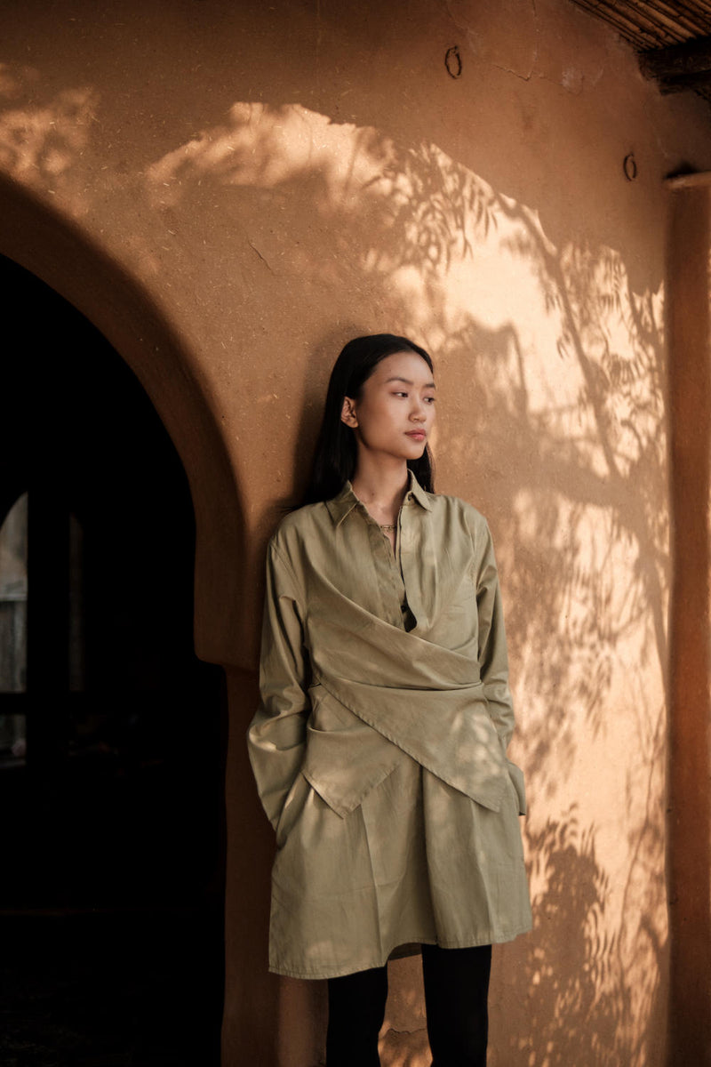 Seattle Wrap Shirt Dress-Khaki cotton by The Terra Tribe for women Worldwide