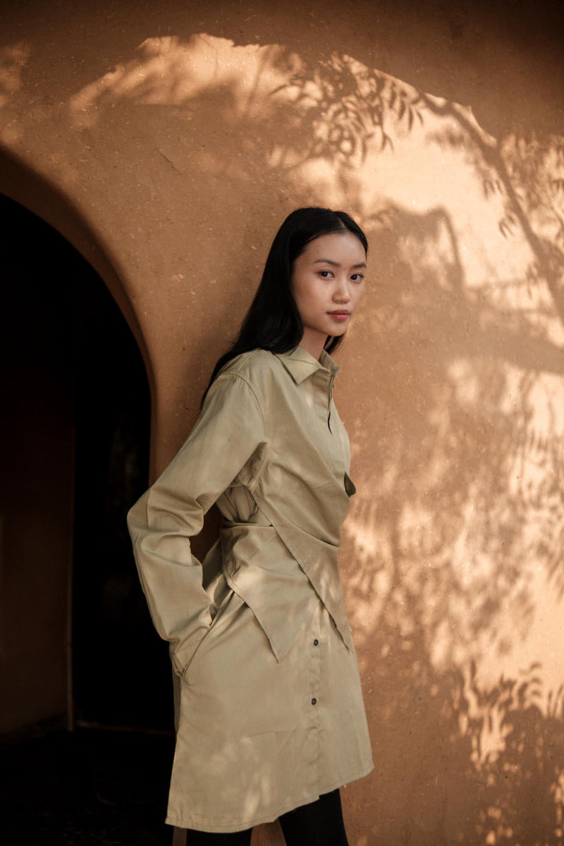 Seattle Wrap Shirt Dress-Khaki cotton by The Terra Tribe for women Worldwide