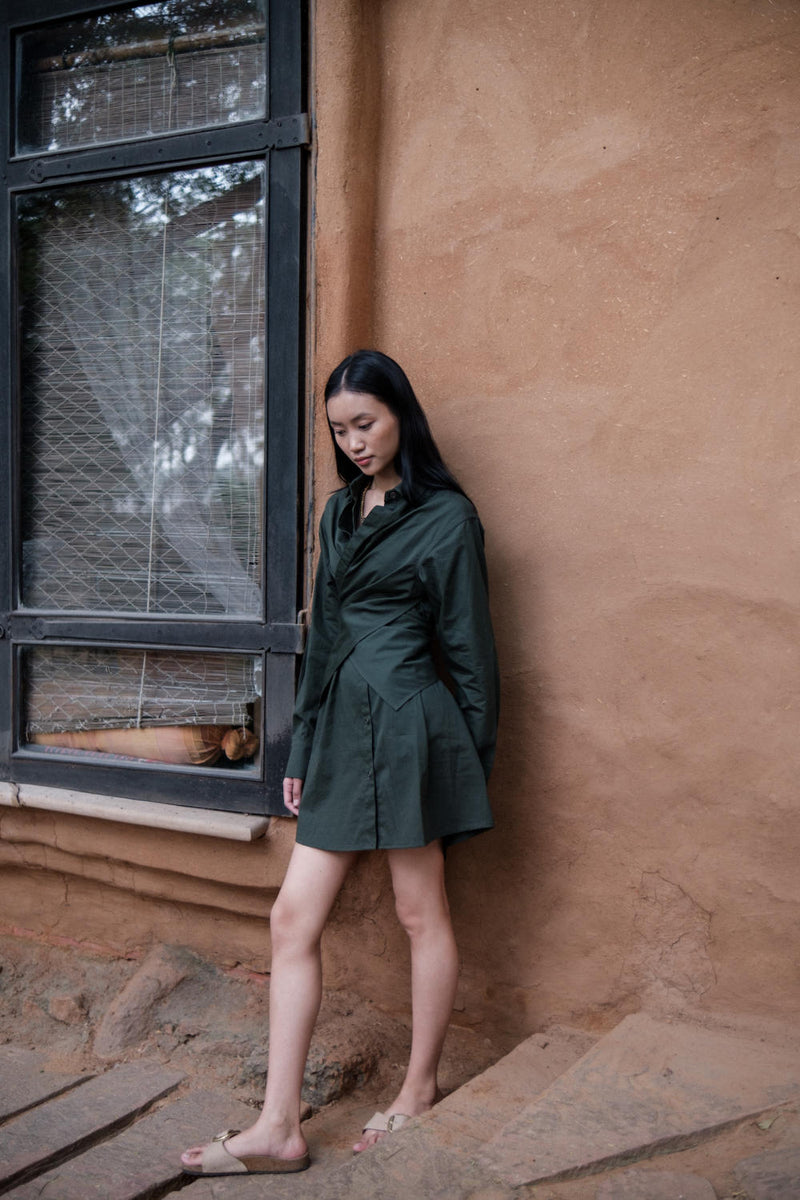 Seattle Wrap Shirt Dress-Deep Green cotton by The Terra Tribe in green color for women Worldwide