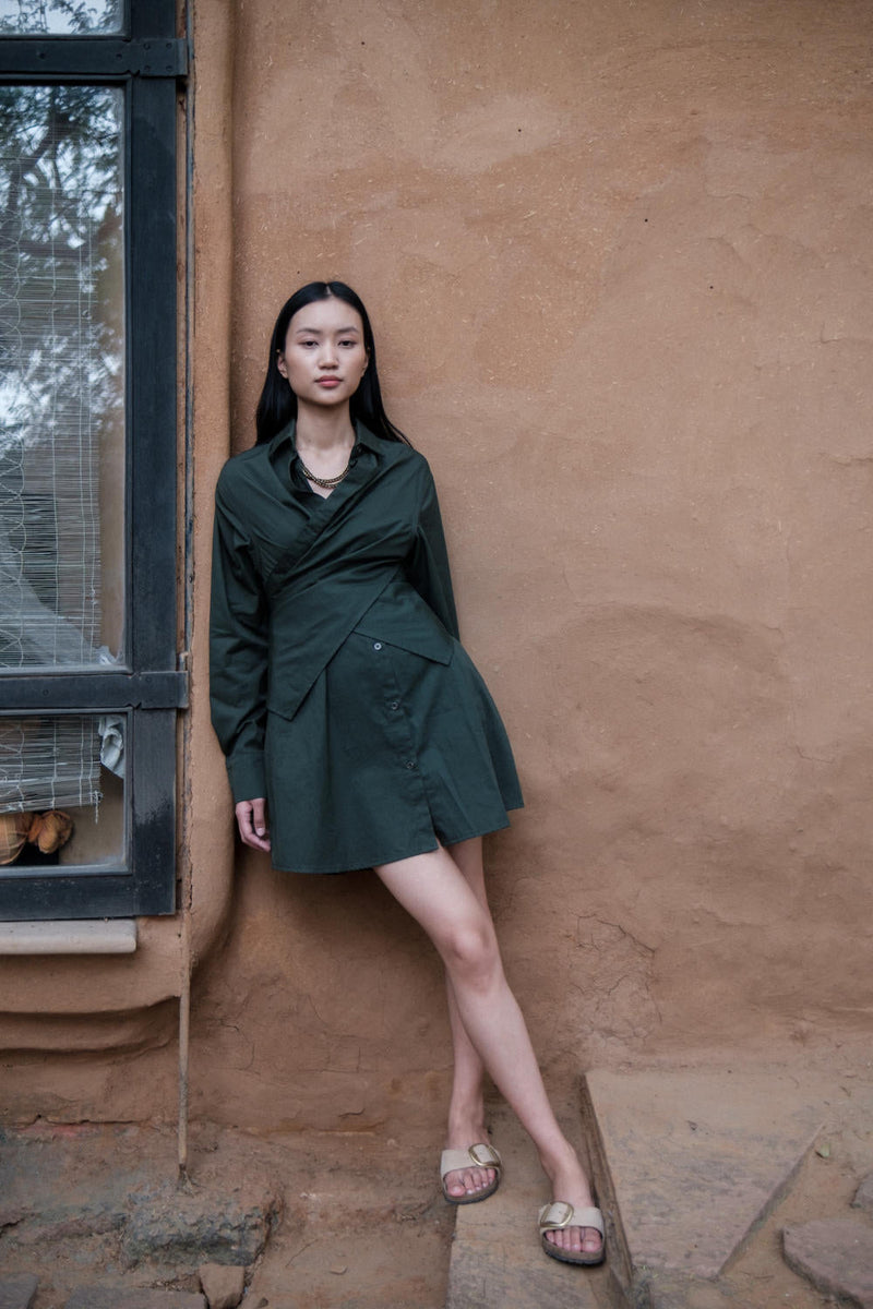 Seattle Wrap Shirt Dress-Deep Green cotton by The Terra Tribe in green color for women Worldwide