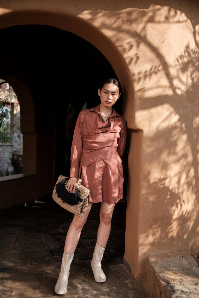 Seattle Wrap Shirt Dress-Copper cotton by The Terra Tribe for women Worldwide