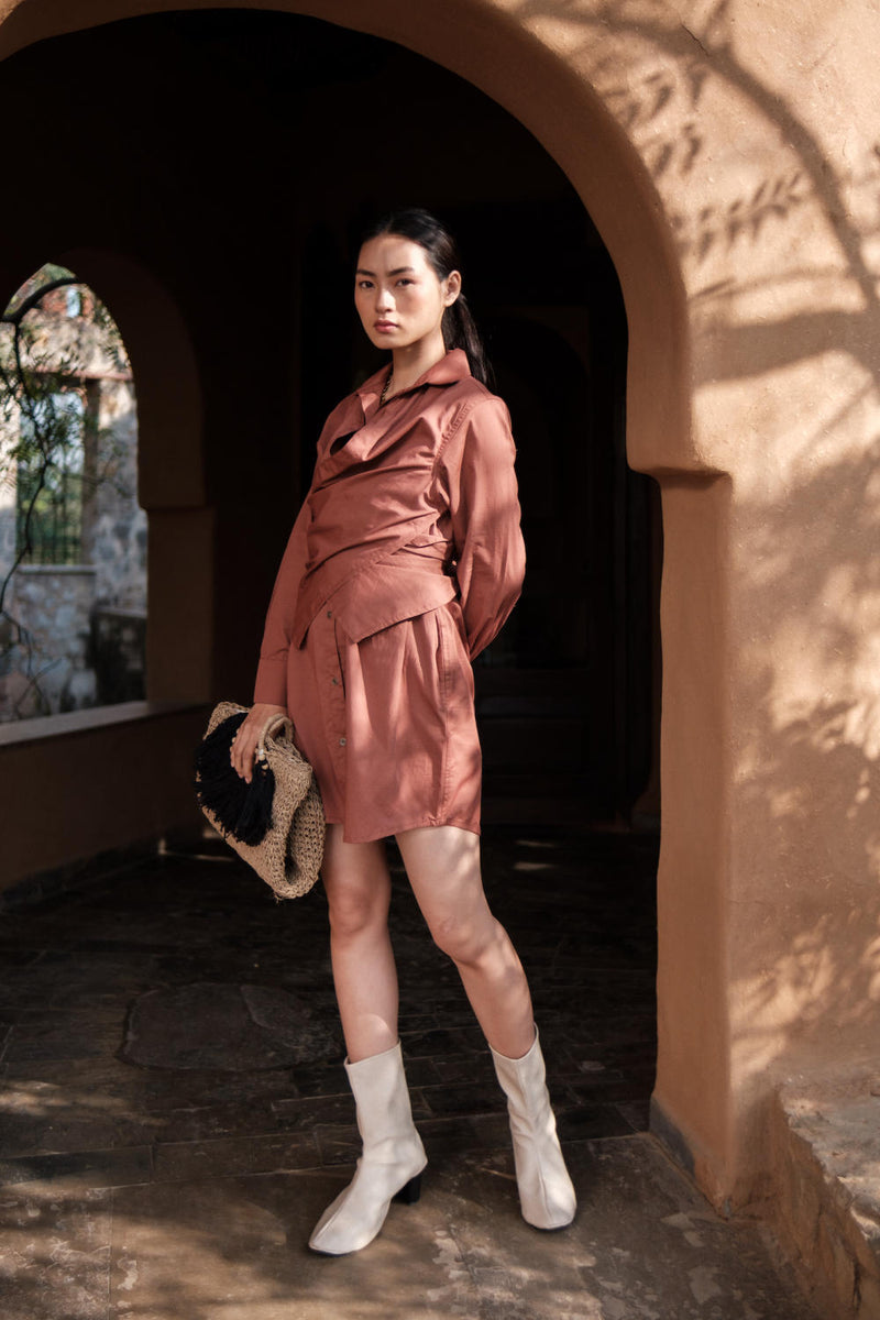 Seattle Wrap Shirt Dress-Copper cotton by The Terra Tribe for women Worldwide