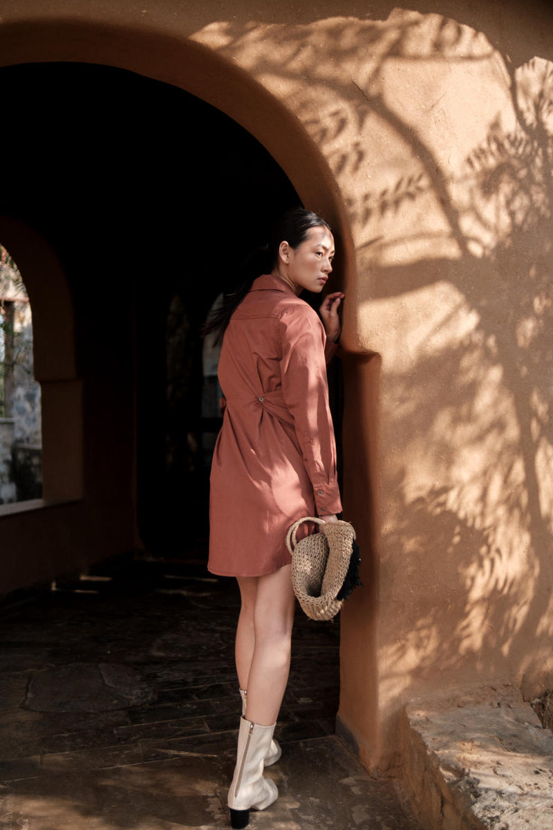 Seattle Wrap Shirt Dress-Copper cotton by The Terra Tribe for women Worldwide