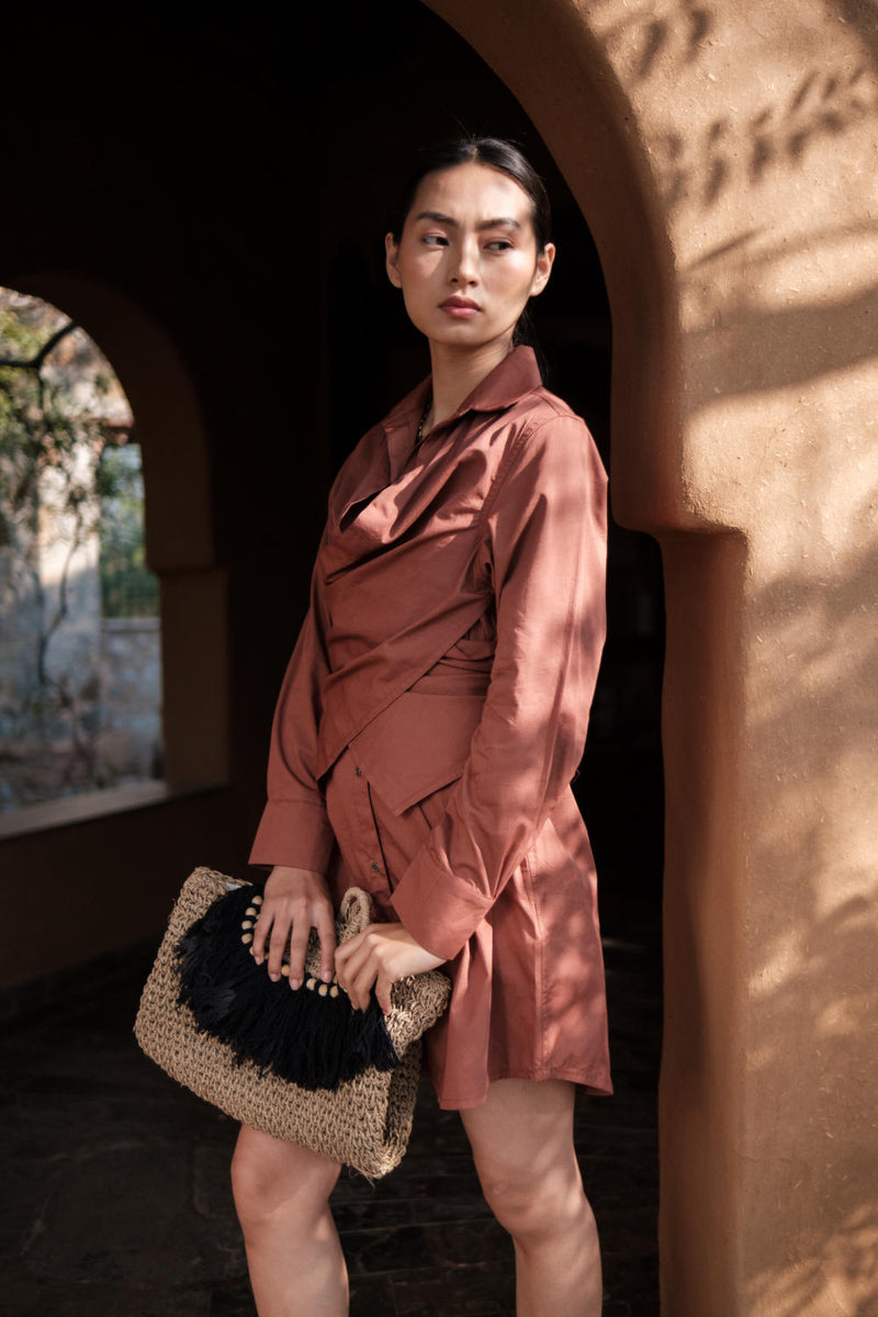 Seattle Wrap Shirt Dress-Copper cotton by The Terra Tribe for women Worldwide