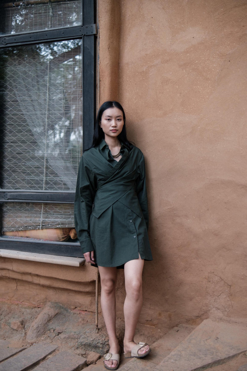 Seattle Wrap Shirt Dress-Deep Green cotton by The Terra Tribe in green color for women Worldwide