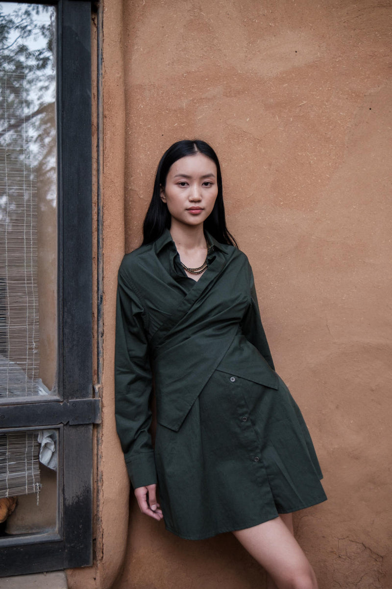 Seattle Wrap Shirt Dress-Deep Green cotton by The Terra Tribe in green color for women Worldwide