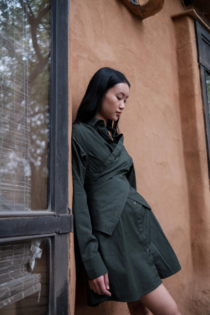 Seattle Wrap Shirt Dress-Deep Green cotton by The Terra Tribe in green color for women Worldwide