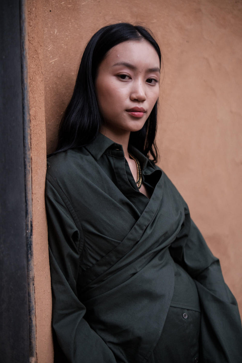 Seattle Wrap Shirt Dress-Deep Green cotton by The Terra Tribe in green color for women Worldwide