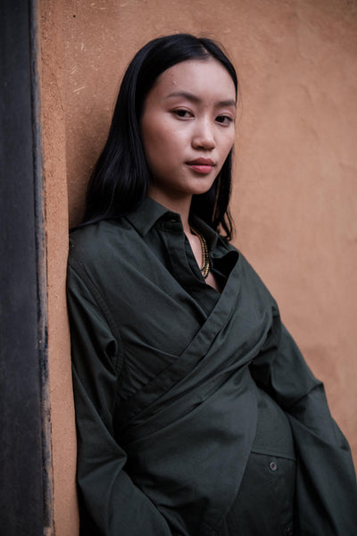 Seattle Wrap Shirt Dress-Deep Green