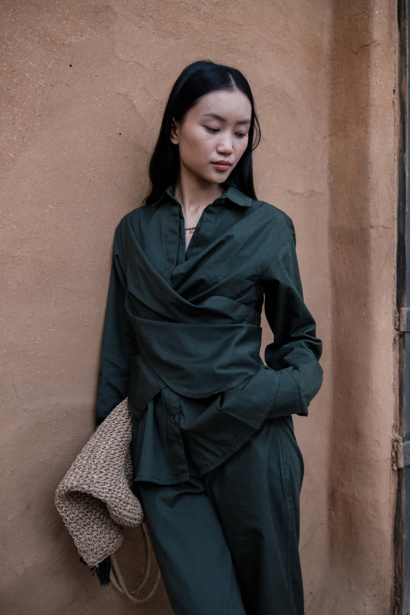 Seattle Wrap Shirt-Deep Green cotton by The Terra Tribe in green color for women Worldwide