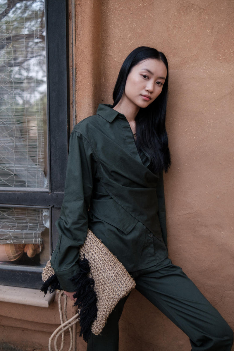 Seattle Wrap Shirt-Deep Green cotton by The Terra Tribe in green color for women Worldwide