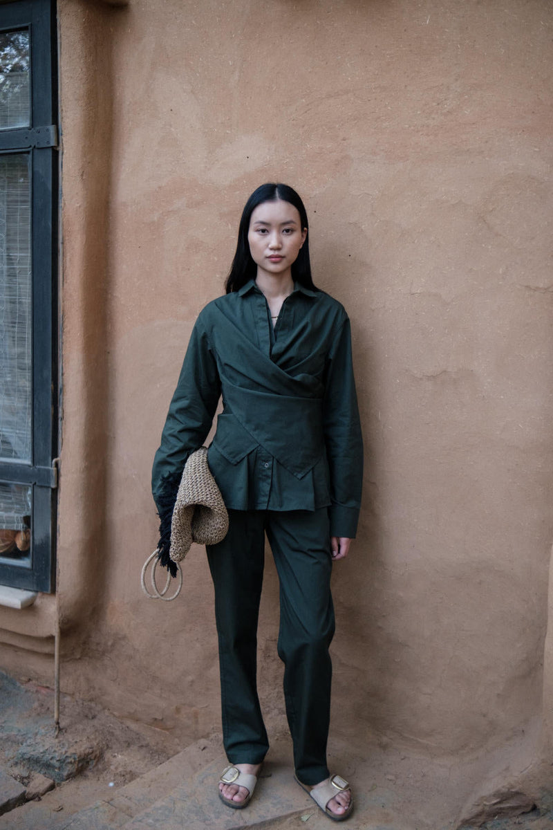 Seattle Wrap Shirt-Deep Green cotton by The Terra Tribe in green color for women Worldwide