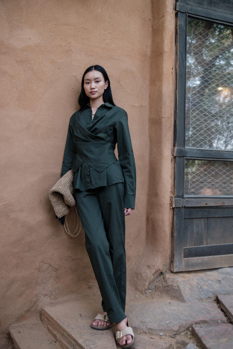 Seattle Wrap Shirt-Deep Green cotton by The Terra Tribe in green color for women Worldwide