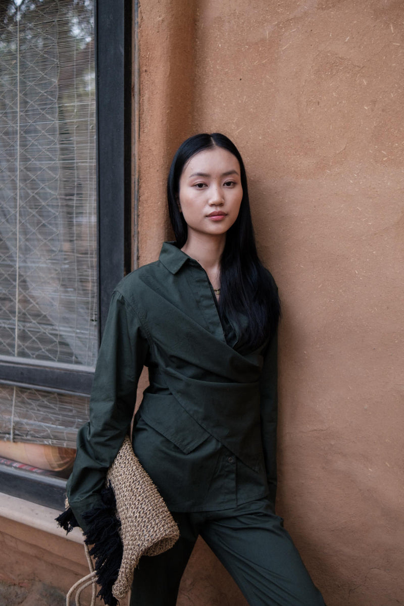 Seattle Wrap Shirt-Deep Green cotton by The Terra Tribe in green color for women Worldwide