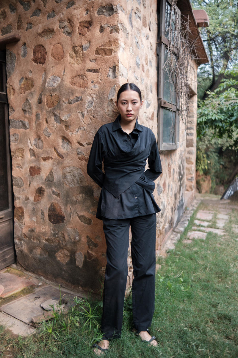 Seattle Wrap Shirt-Black cotton by The Terra Tribe in black color for women Worldwide