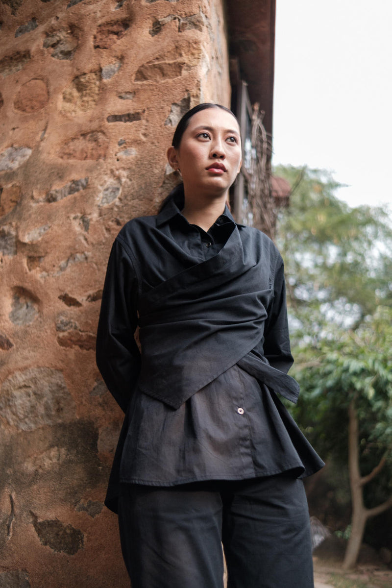 Seattle Wrap Shirt-Black cotton by The Terra Tribe in black color for women Worldwide