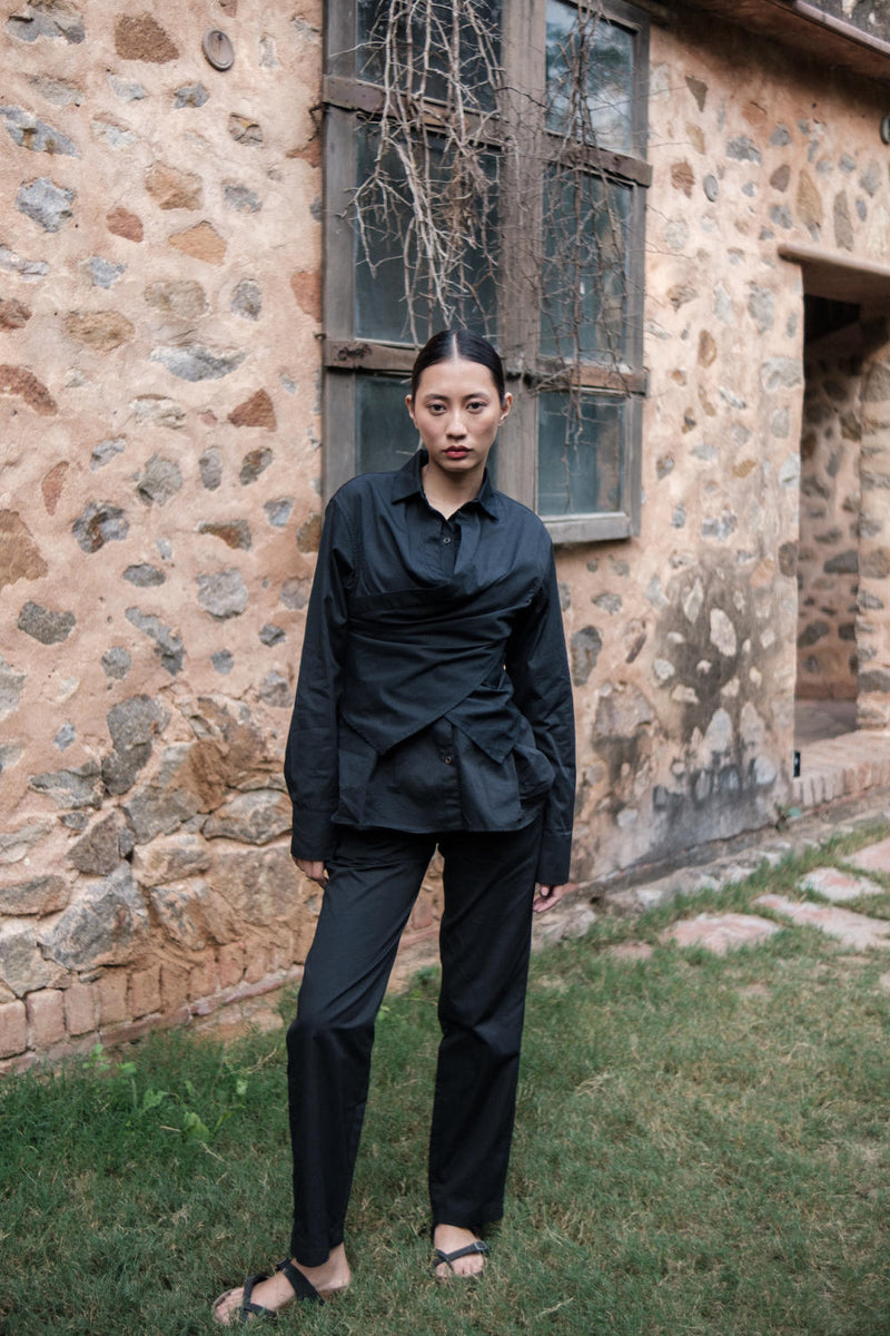 Seattle Wrap Shirt-Black cotton by The Terra Tribe in black color for women Worldwide