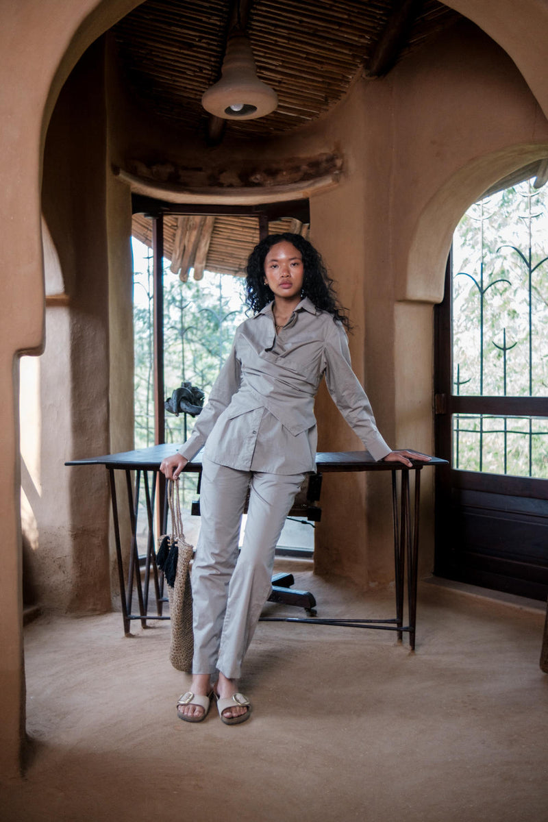 Seattle Wrap Shirt-Grey cotton by The Terra Tribe in grey color for women Worldwide