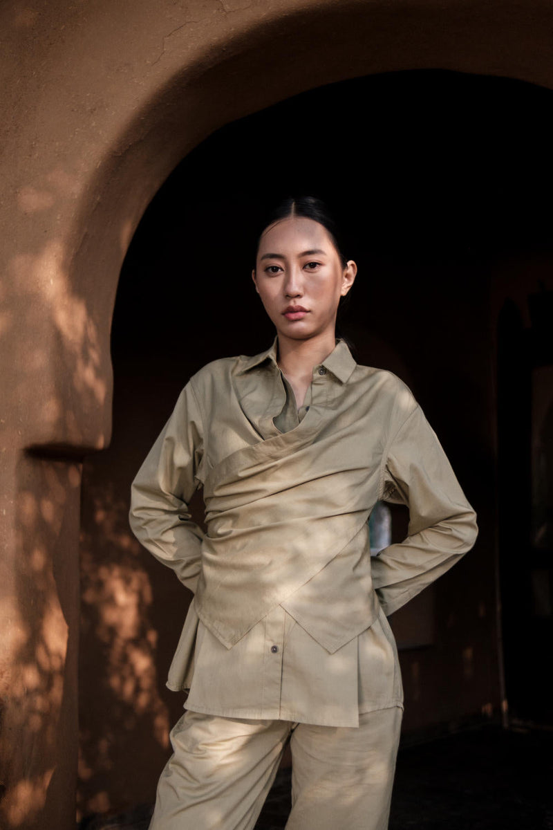 Seattle Wrap Shirt-Khaki cotton by The Terra Tribe for women Worldwide