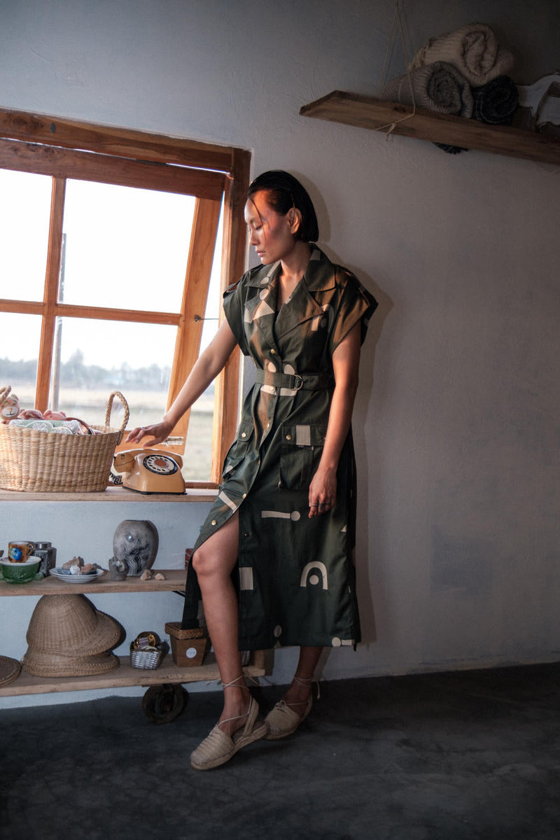 Harajuku Trench-Deep Green Triangle Printed cotton by The Terra Tribe in green color for women Worldwide
