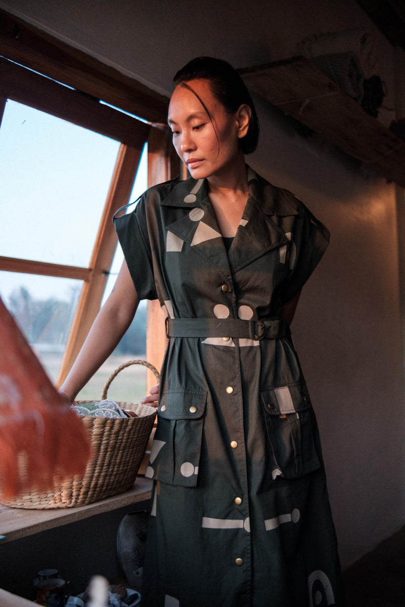 Harajuku Trench-Deep Green Triangle Printed cotton by The Terra Tribe in green color for women Worldwide