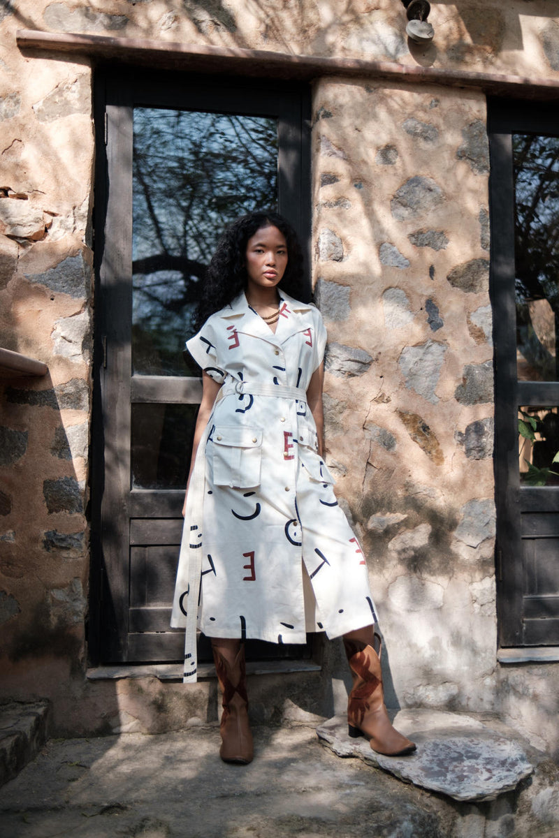 Harajuku Trench-Ecru Line Printed cotton by The Terra Tribe in ecru color for women Worldwide