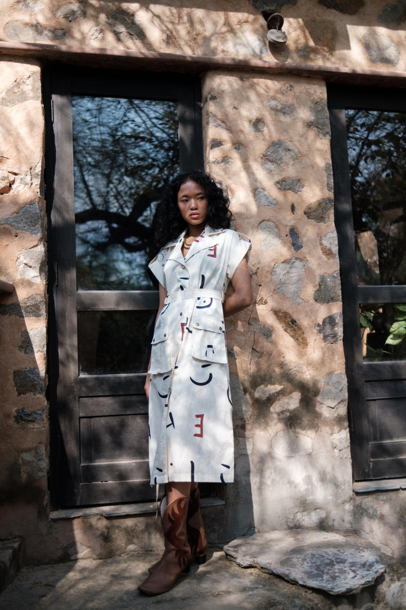 Harajuku Trench-Ecru Line Printed cotton by The Terra Tribe in ecru color for women Worldwide