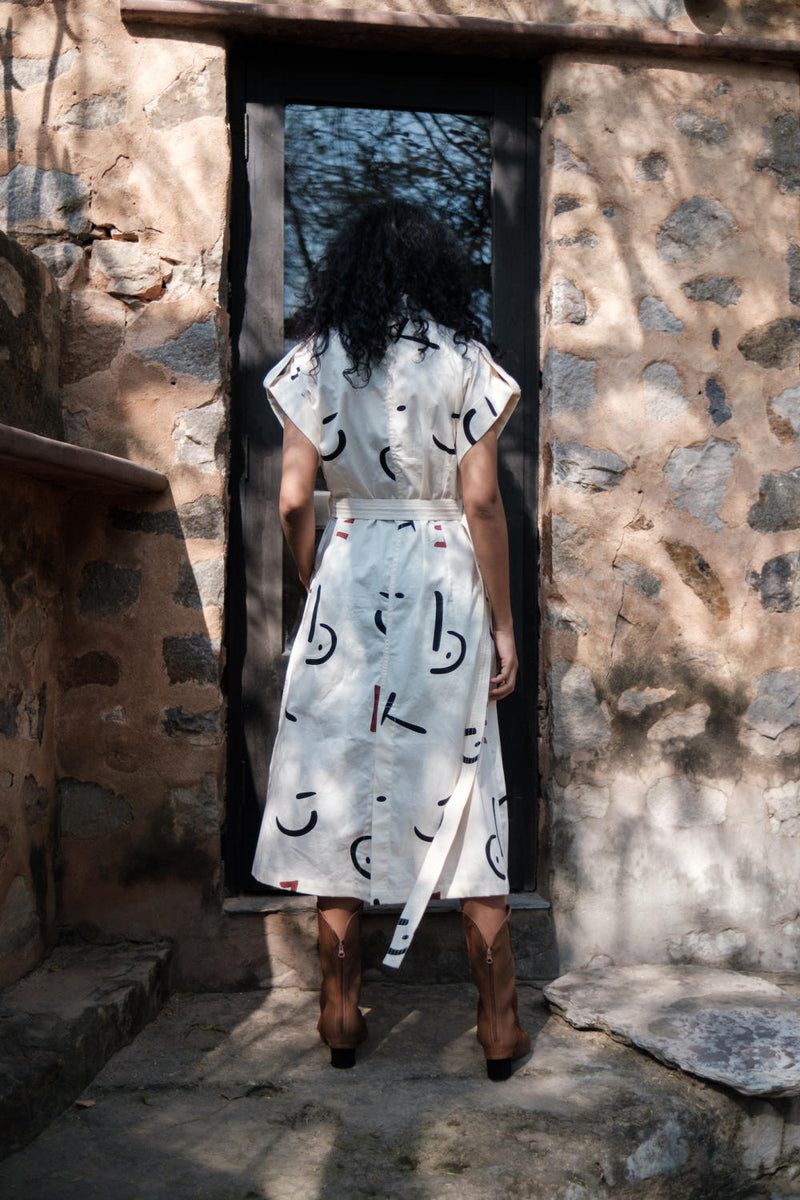 Harajuku Trench-Ecru Line Printed cotton by The Terra Tribe in ecru color for women Worldwide