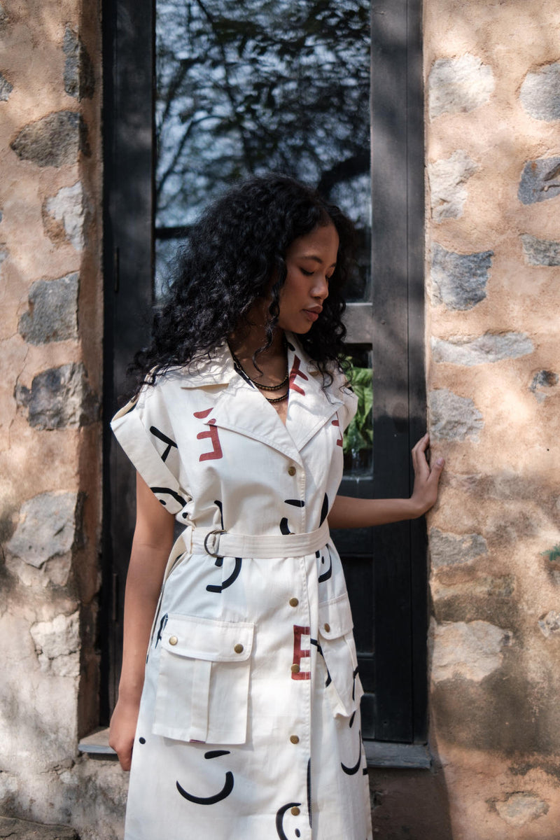 Harajuku Trench-Ecru Line Printed cotton by The Terra Tribe in ecru color for women Worldwide