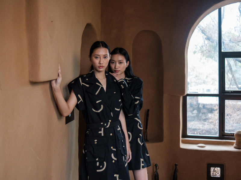 Harajuku Trench-Black Line Printed cotton by The Terra Tribe in black color for women Worldwide