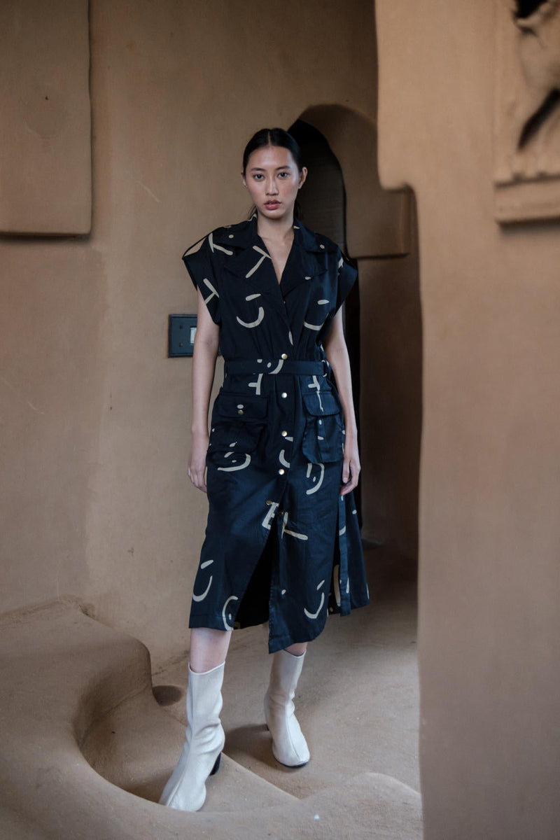 Harajuku Trench-Black Line Printed cotton by The Terra Tribe in black color for women Worldwide