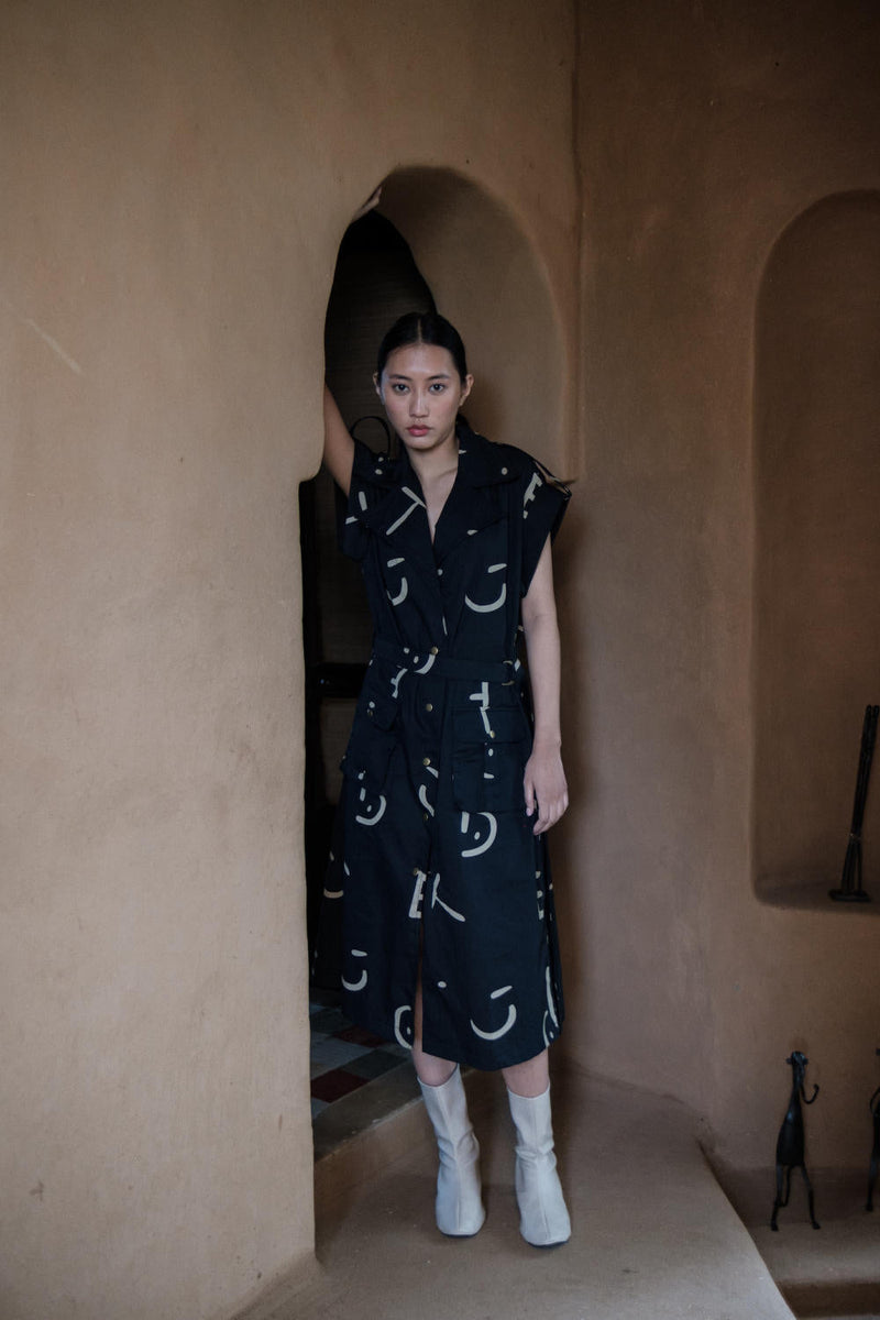 Harajuku Trench-Black Line Printed cotton by The Terra Tribe in black color for women Worldwide