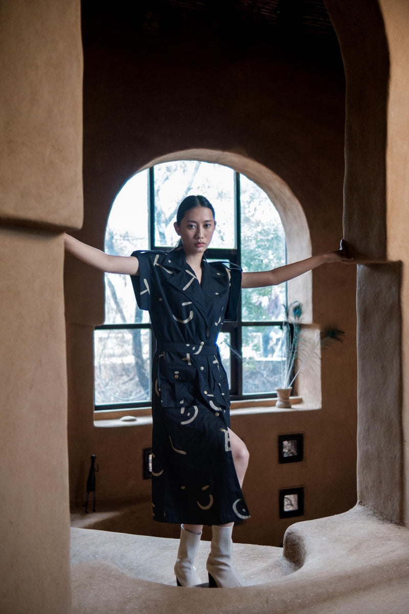 Harajuku Trench-Black Line Printed cotton by The Terra Tribe in black color for women Worldwide