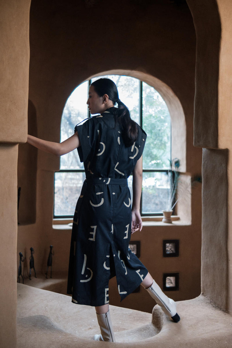 Harajuku Trench-Black Line Printed cotton by The Terra Tribe in black color for women Worldwide
