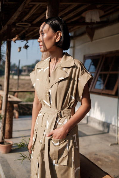 Harajuku Trench-Khaki Line Printed