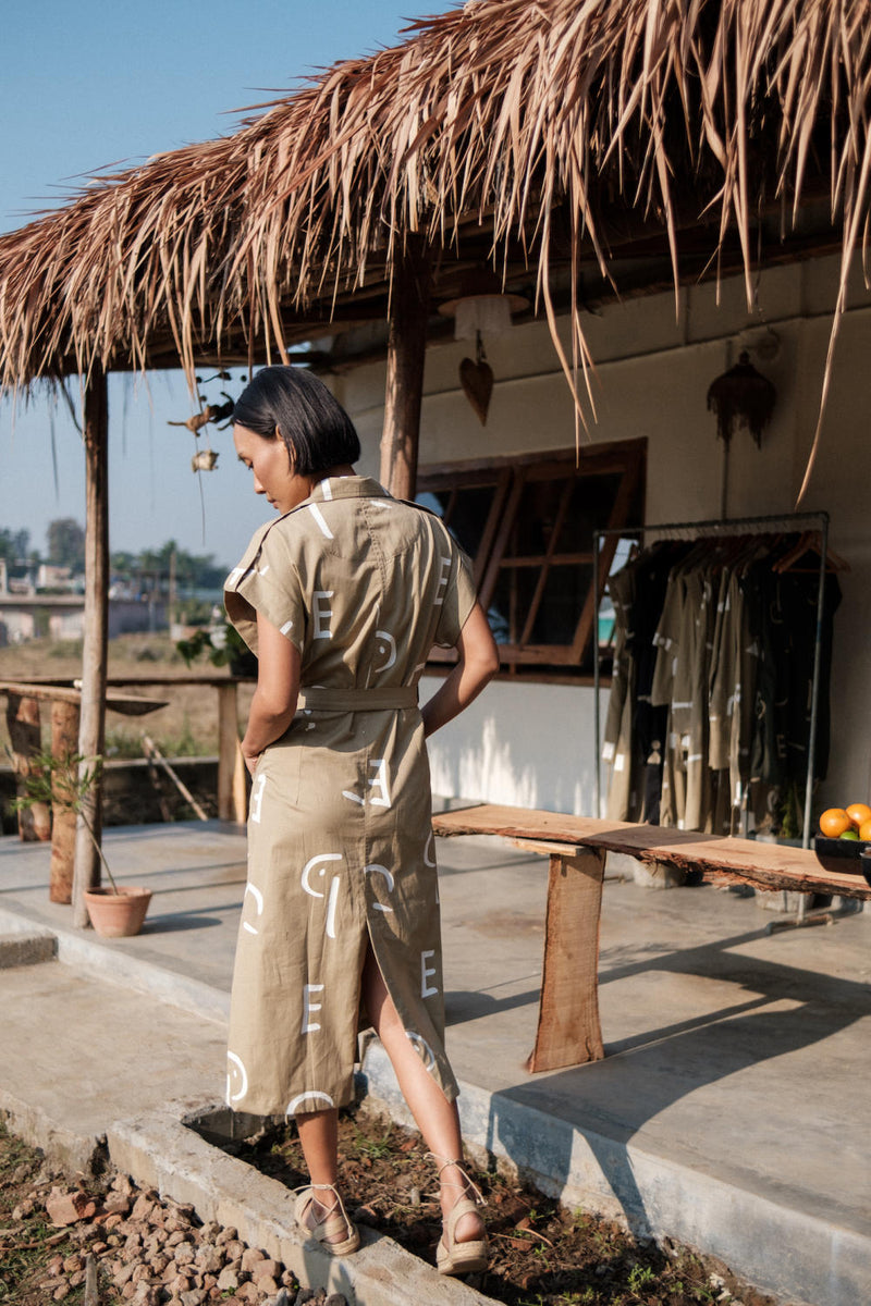 Harajuku Trench-Khaki Line Printed cotton by The Terra Tribe for women Worldwide