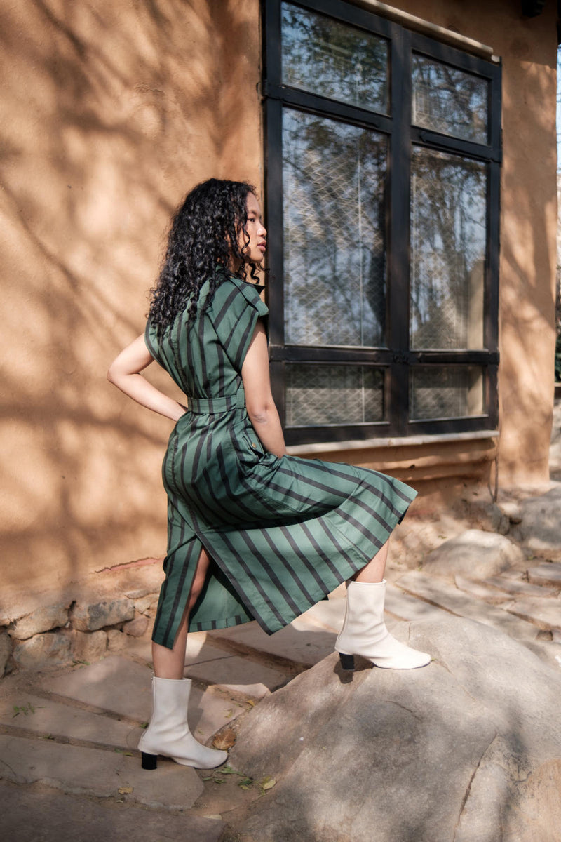 Harajuku Trench-Deep Green Stripes cotton by The Terra Tribe in green color for women Worldwide