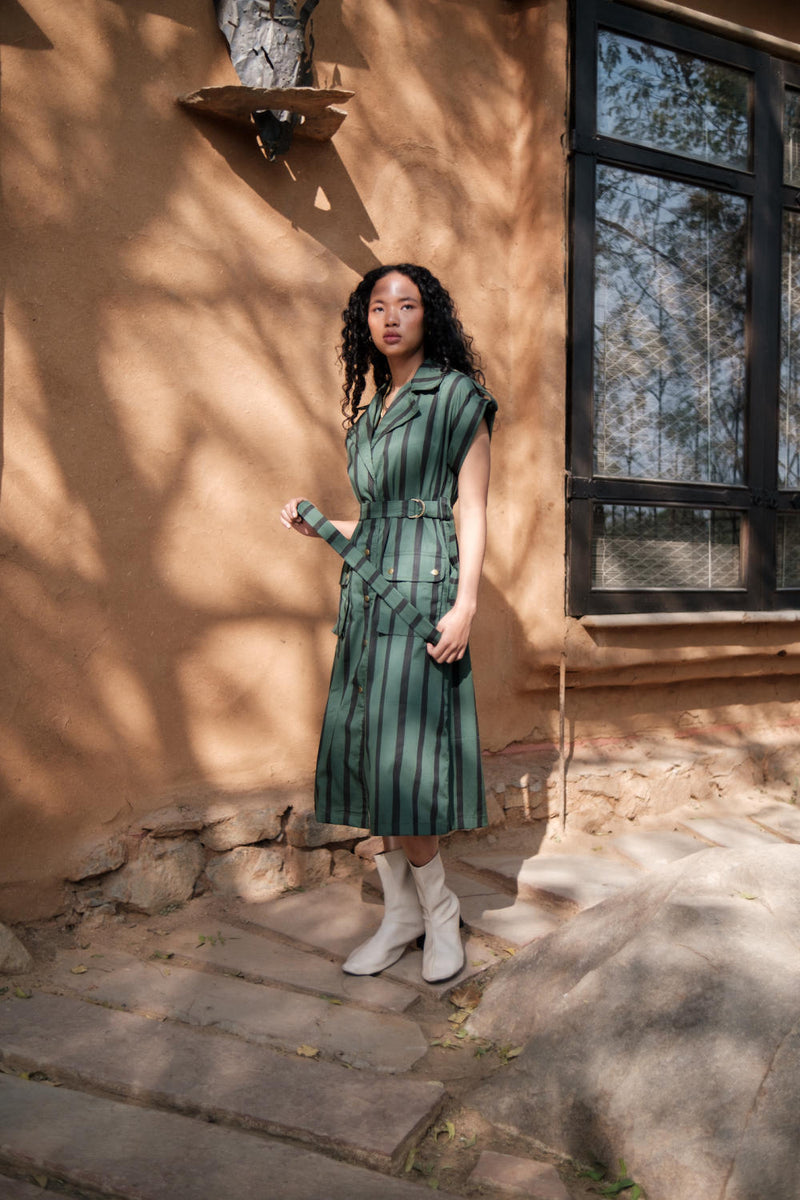 Harajuku Trench-Deep Green Stripes cotton by The Terra Tribe in green color for women Worldwide