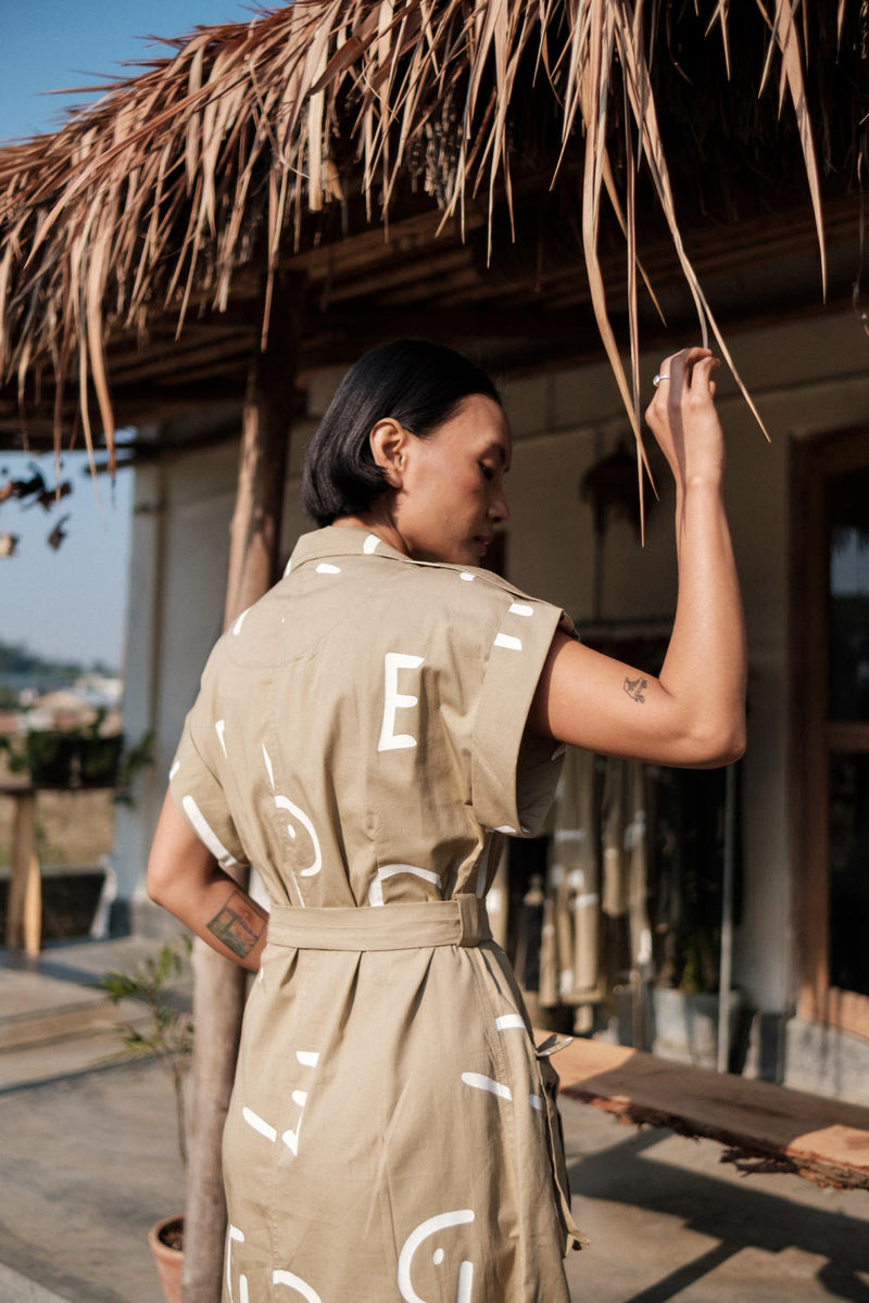Harajuku Trench-Khaki Line Printed cotton by The Terra Tribe for women Worldwide