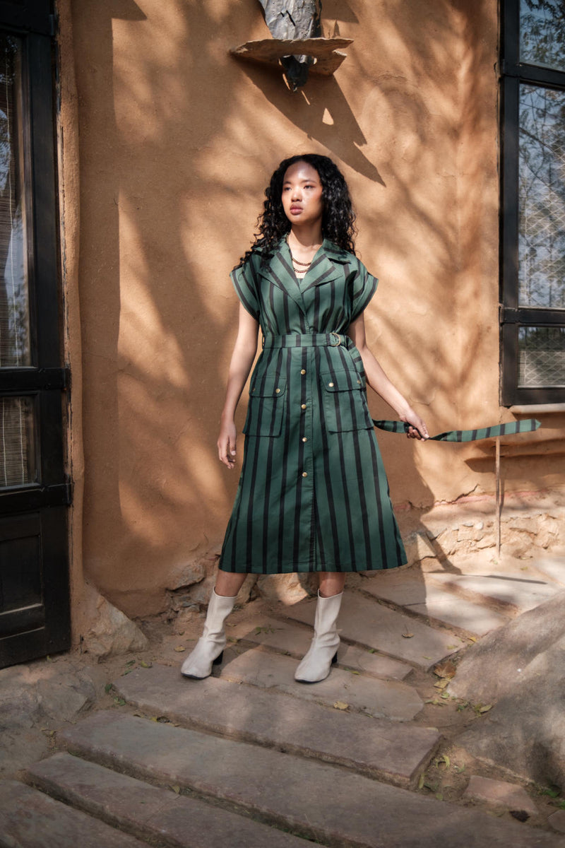 Harajuku Trench-Deep Green Stripes cotton by The Terra Tribe in green color for women Worldwide