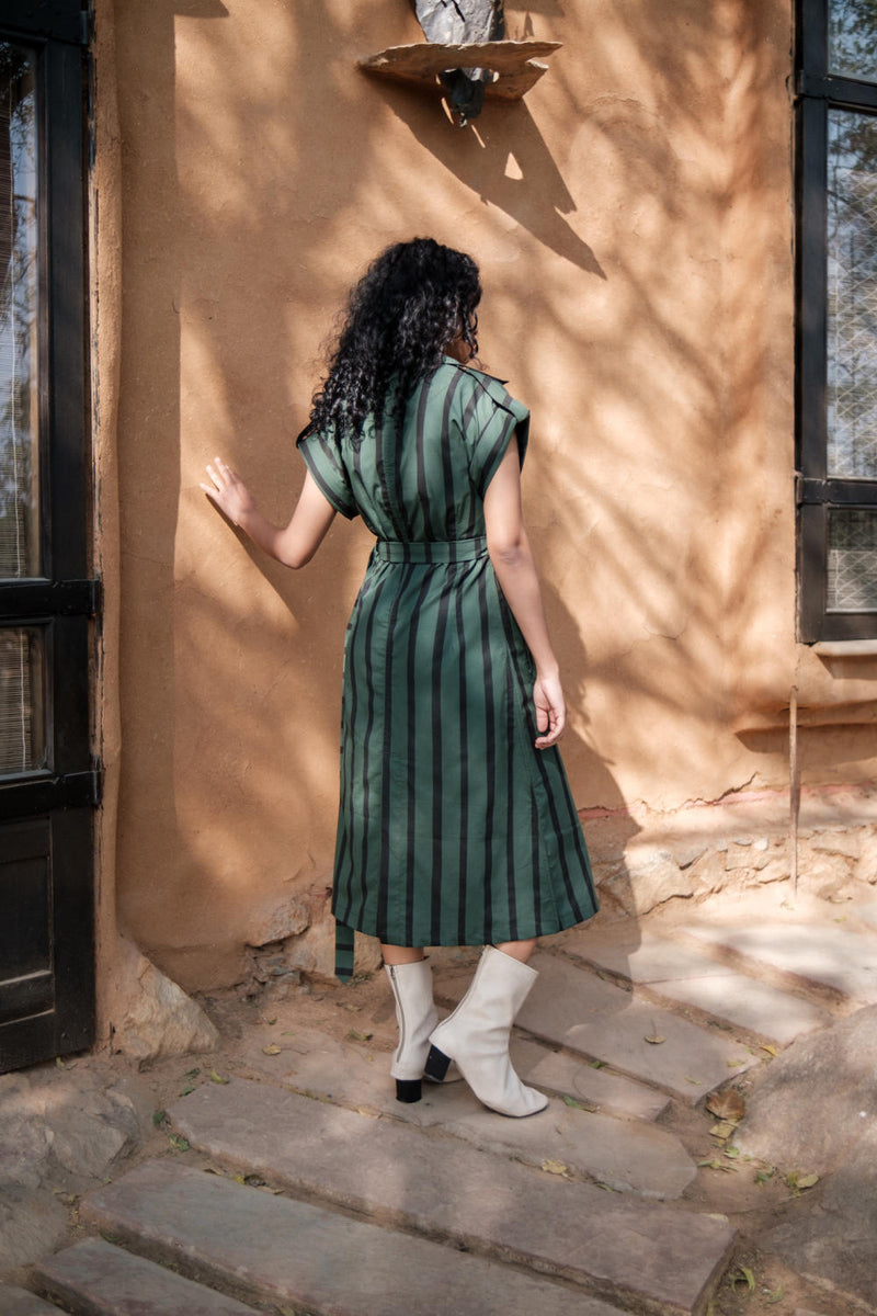 Harajuku Trench-Deep Green Stripes cotton by The Terra Tribe in green color for women Worldwide